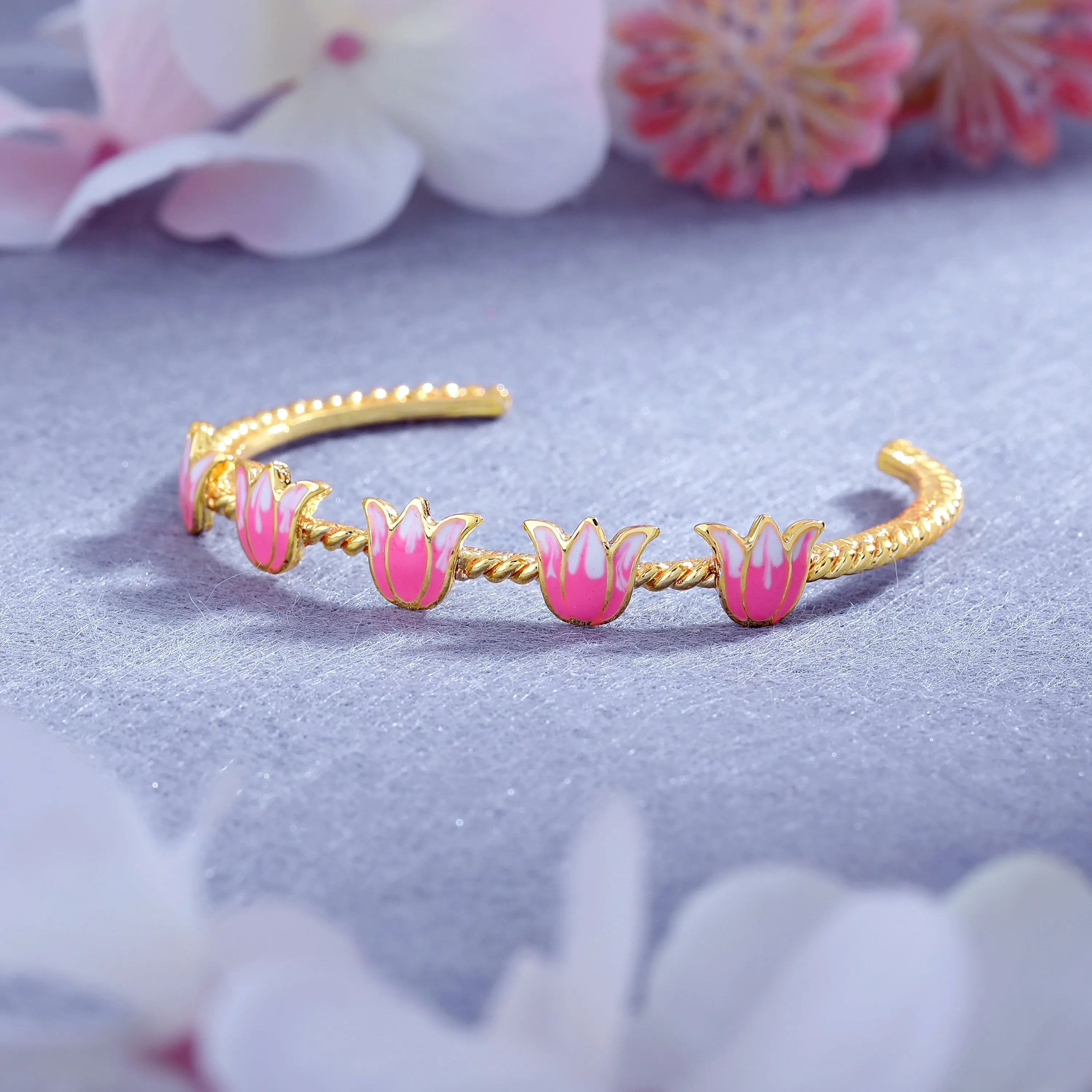 Estele Gold Plated Enchanting Lotus Designer Cuff Bracelet with Pink Enamel for Girl's & Women