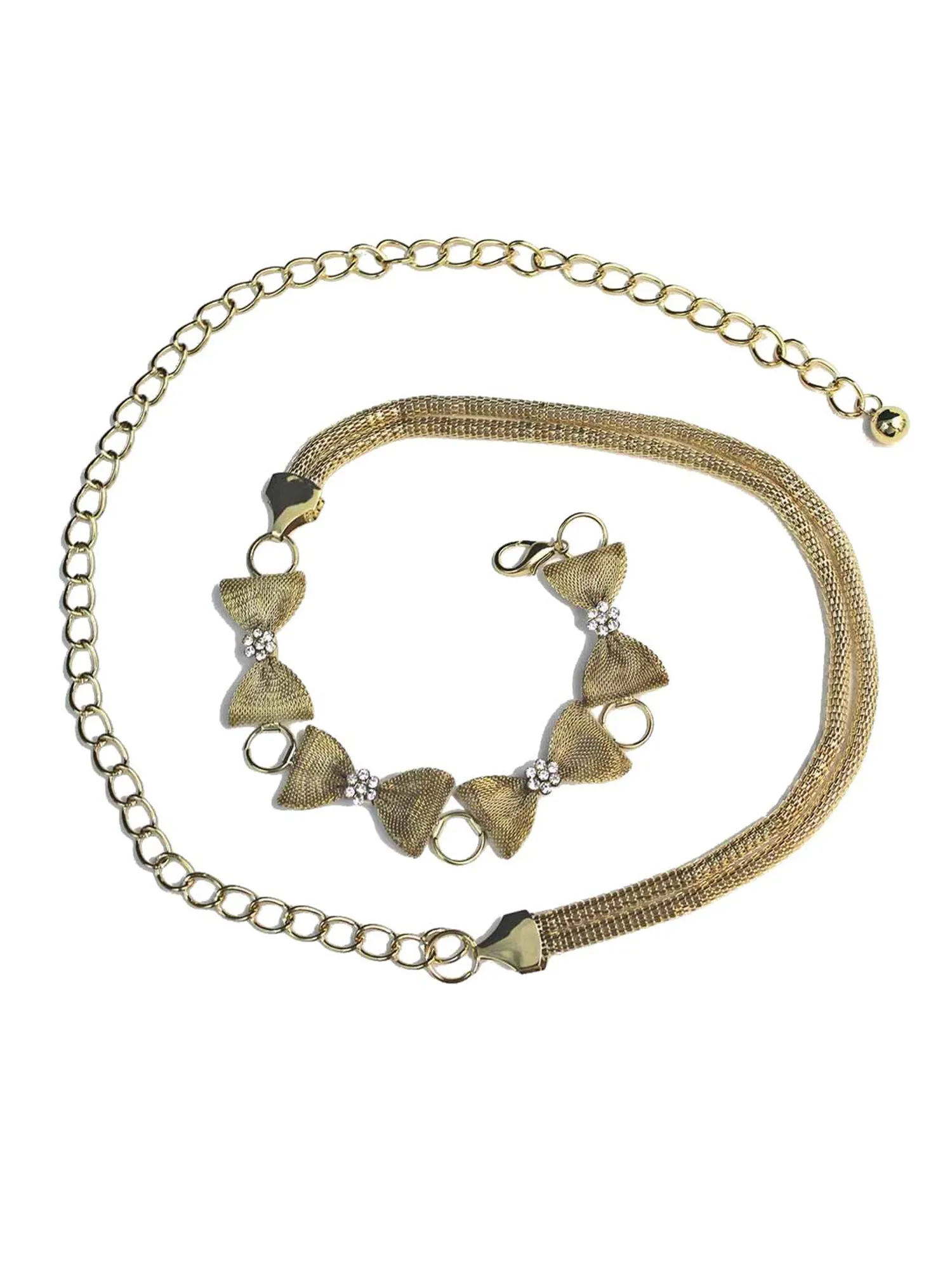 Gold Mesh Rhinestone Bow Tie Chain Belt