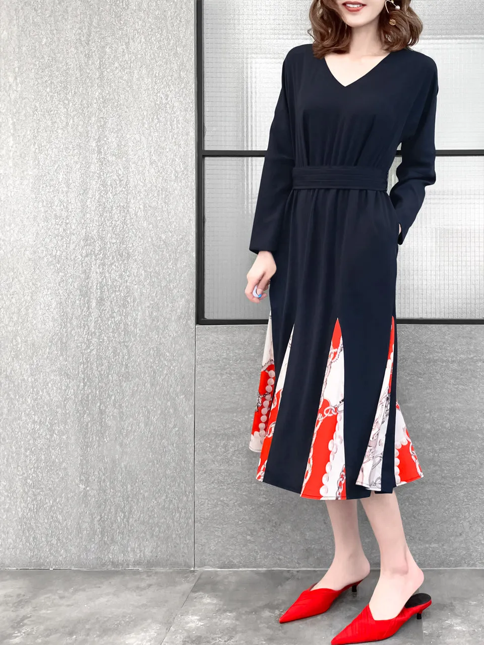 Last Chance! Dark Navy Patchy Print Ruffle Hem Belted Dress
