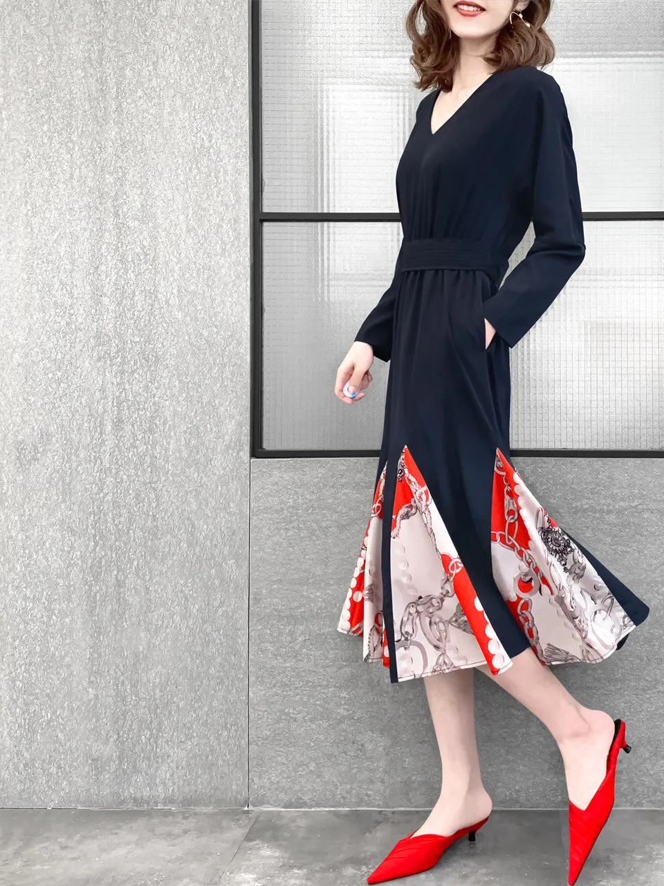 Last Chance! Dark Navy Patchy Print Ruffle Hem Belted Dress