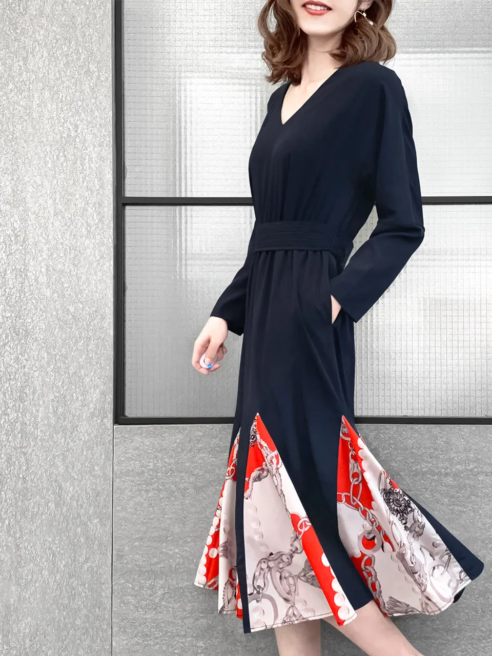 Last Chance! Dark Navy Patchy Print Ruffle Hem Belted Dress