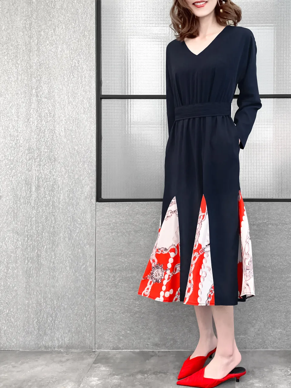 Last Chance! Dark Navy Patchy Print Ruffle Hem Belted Dress
