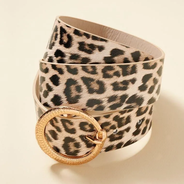 LEOPARD Color Round Metal Buckle Animal Faux Leather Belt