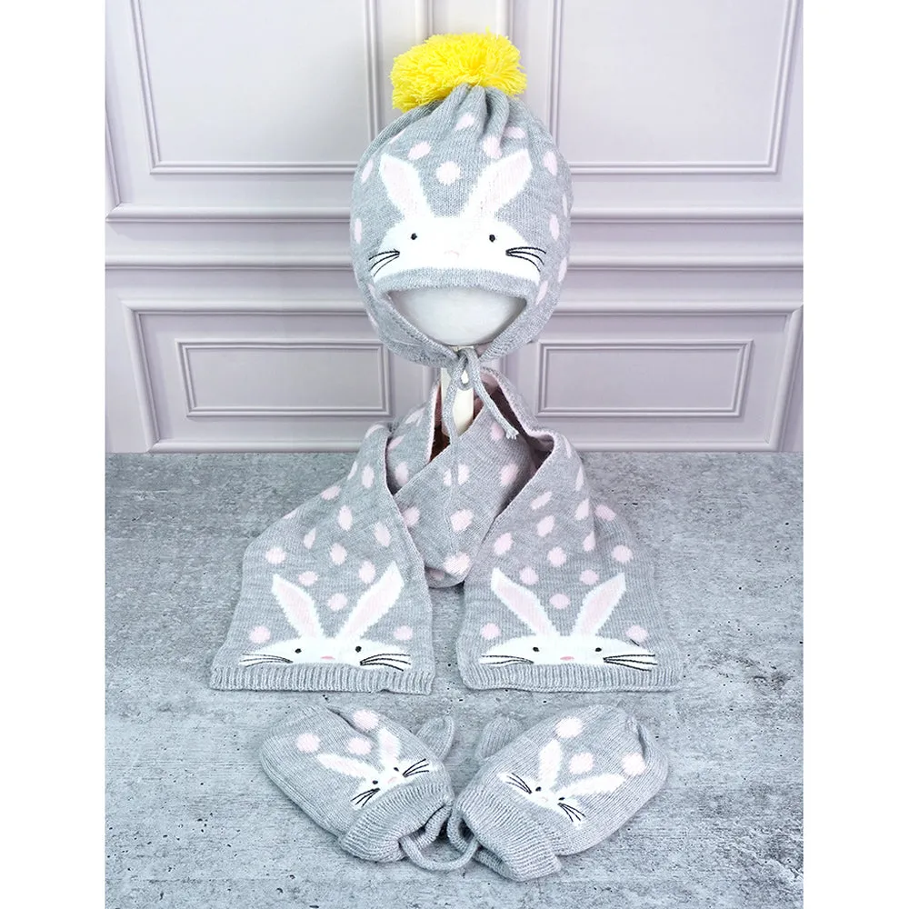 Little Surpise Box 3Pcs Grey Bunny Rabbit Matching Beanie Winter Cap Mufflers And Gloves Set