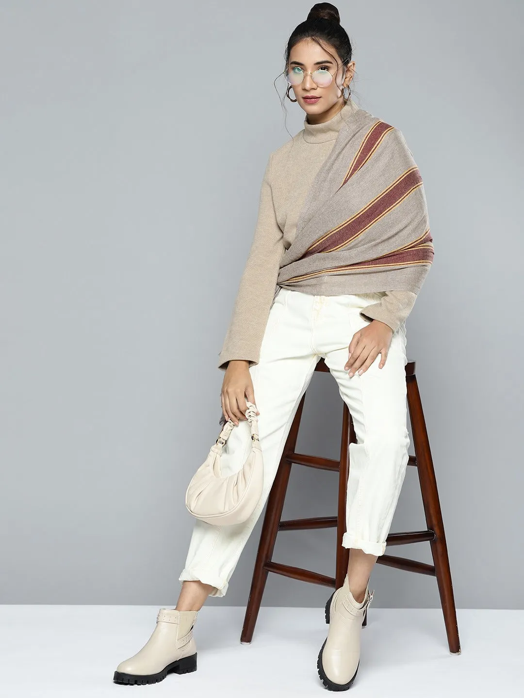 Maroon & Brown Recycled Poly Cotton Stripes Stole