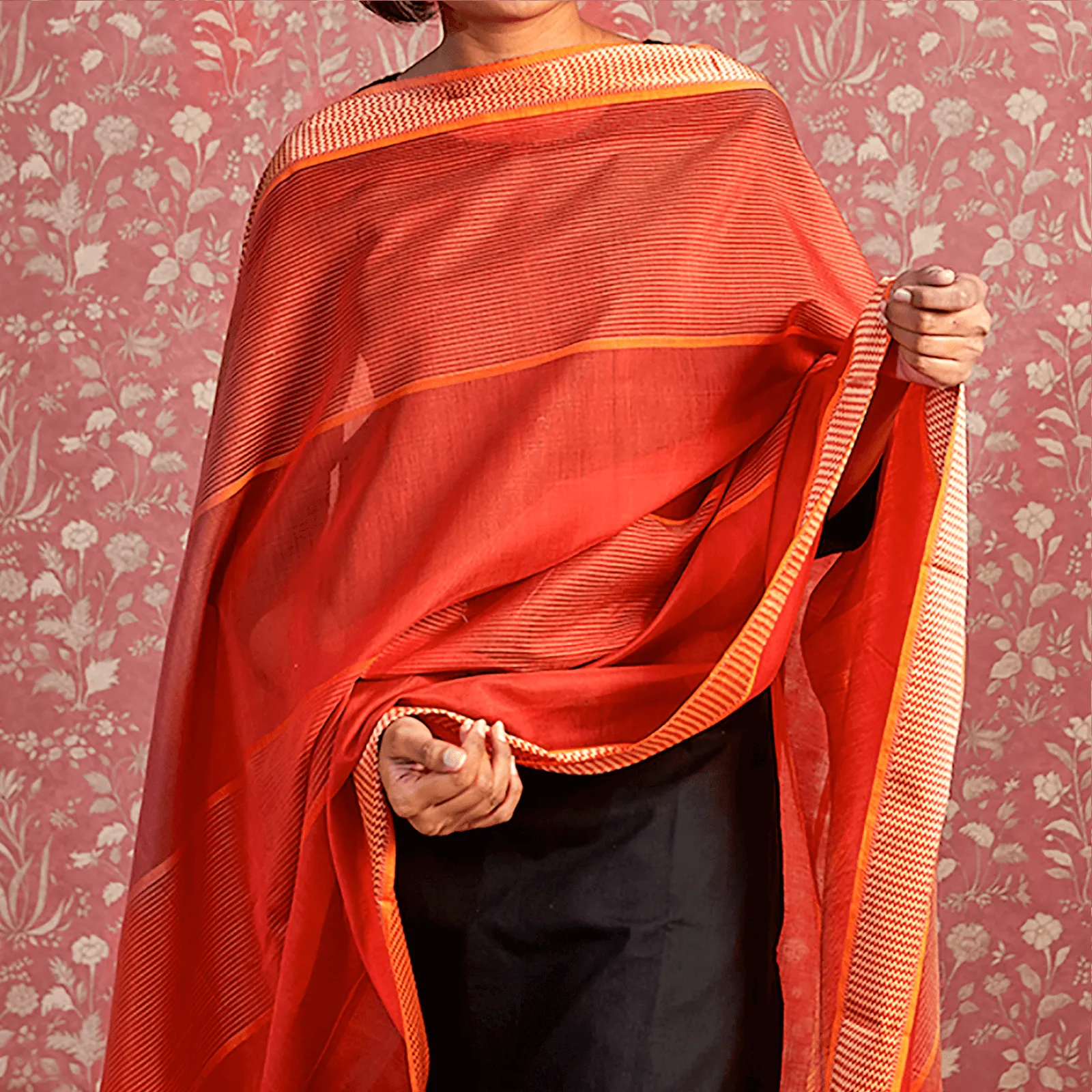 Orange & Gold Silk Maheshwari Dupatta