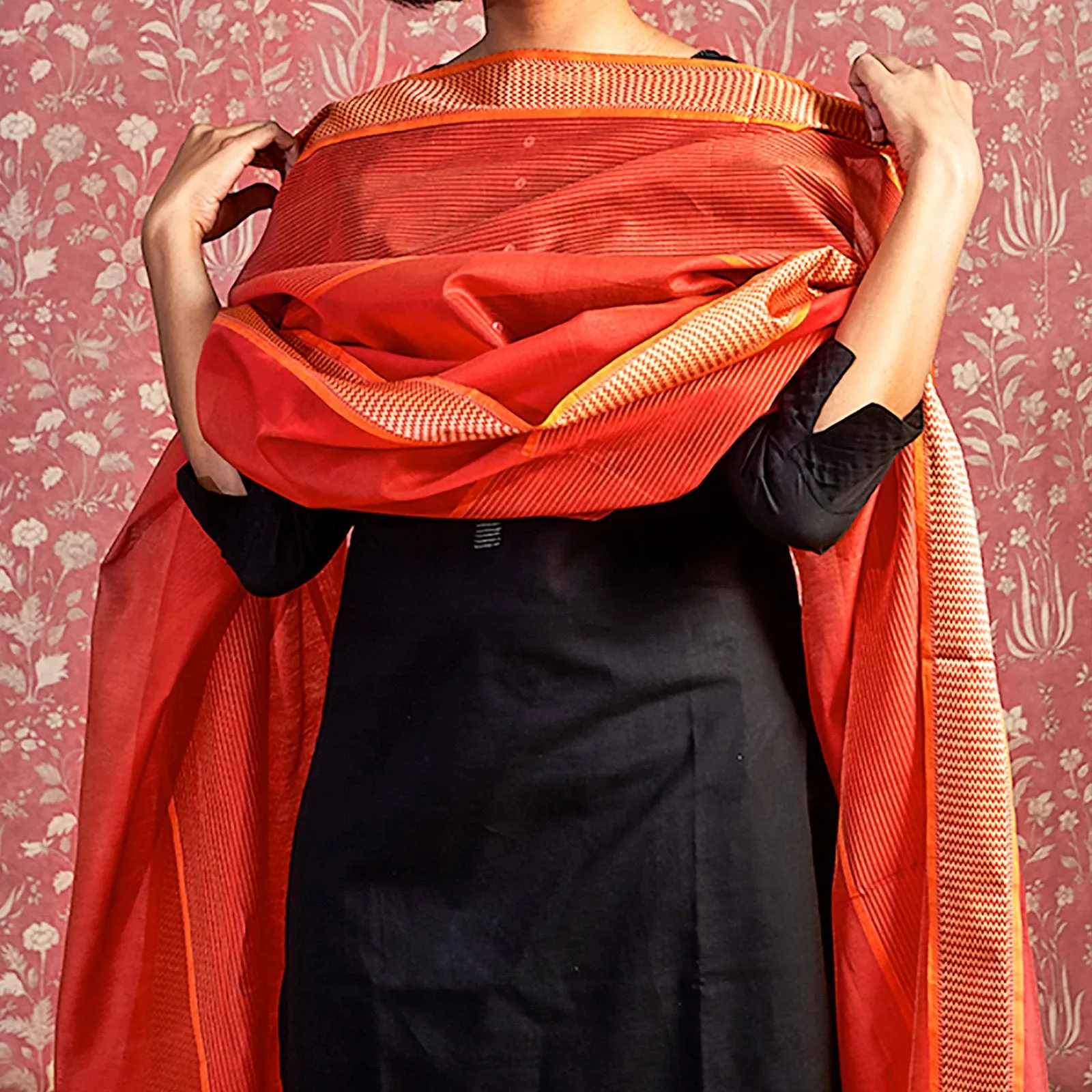 Orange & Gold Silk Maheshwari Dupatta