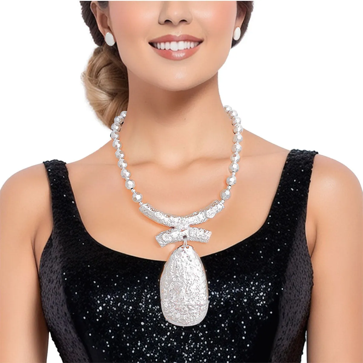 Teardrop Pendant Necklace Set - Silver