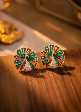 Vintage Multi Color Pearl Peacock Stud Earrings